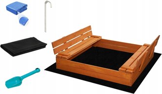 SAND TROPIC Dřevěné pískoviště s lavičkami a příslušenstvím 100x100cm (impregnované)