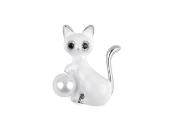 Brož kočka - 1 ks - 4 bílá perla