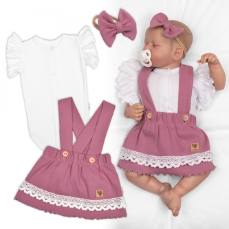 3D sada LADY, bavlna, body kr. rukáv, suknička s láclem, čelenka, šeříková/bílá, 62; 62 (2-3m)