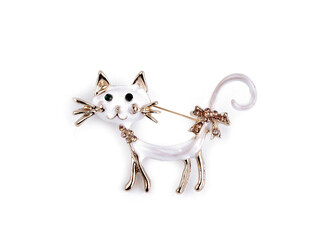 Brož kočka - 1 ks - 5 bílá broušené kamínky