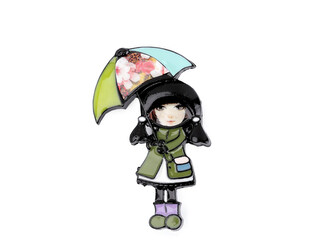 Brož holčička s deštníkem - 1 ks - 2 zelená