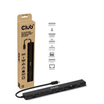 Club3D Dokovací stanice 10v1, USB-C 3.2, 1xHDMI, 2xUSB-C, 3xUSB, 1xmicroSD/SD, 1xUSB-C PD140W, 1xRJ45, černá