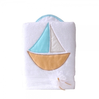 Oboustranná chlupáčková dečka s vyšívkou 75 x 90 cm, Lodička, bílá