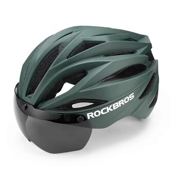 Kask rowerowy Rockbros z szybką, odpinane okulary z ochroną UV, unisex - zielony