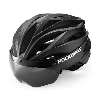 Kask rowerowy Rockbros z szybką, odpinane okulary z ochroną UV, unisex - czarny