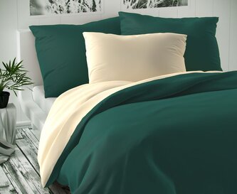 Saténové povlečení LUXURY COLLECTION 140x200, 70x90cm tmavě zelené / smetanové
