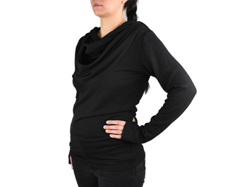 Svetr AVA s kapucí, řasení ve výstřihu, černý