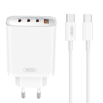 Cestovní nabíječ XO-CE23 GaN, 3x USB C, 1x USB A, QC 3.0 PD 65W, kabel USB C na USB C, barva bílá