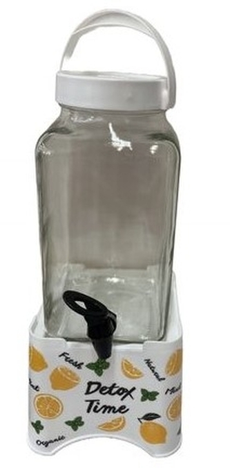 láhev 5,0l sklo s kohoutem, plast.stojan s nápisy DETOX TIME
