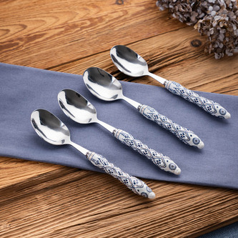 Sada čajových lžiček | MODERN HAMPTONS | stříbrná s modrými vzory | 4 ks | 727054