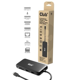 Club3D Dokovací stanice 8v1, USB-C 3.2, 1xHDMI, 1xDP, 2xUSB, 1xmicroSD/SD, 1xUSB-C PD100W, 1xRJ45, černá