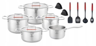 Sada nerezového nádobí s luxusními červenými detaily – 15 ks