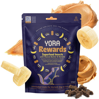 YORA pamlsky z hmyzu Rewards s arašídy a banánem 2x 100g YORA pamlsky z hmyzu Rewards s arašídy a banánem 2x 100g