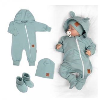 Rostoucí teplákový overal pro miminko, čepice, botky, 3D, Nature - ledově mátový; 56/62 (0-3m)