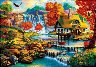 Puzzle 1000 Letnia chatka z wodospadem w tle Puzzle 1000 Letnia chatka z wodospadem w tle