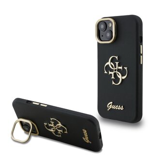 Guess PU Grained 4G Logo Stand Camera Frame Zadní Kryt pro iPhone 15 Black