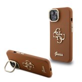 Guess PU Grained 4G Logo Stand Camera Frame Zadní Kryt pro iPhone 15 Brown
