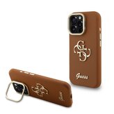 Guess PU Grained 4G Logo Stand Camera Frame Zadní Kryt pro iPhone 15 Pro Brown