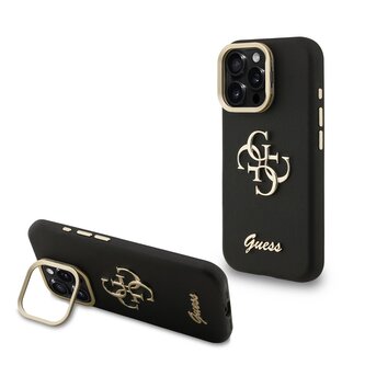 Guess PU Grained 4G Logo Stand Camera Frame Zadní Kryt pro iPhone 15 Pro Black