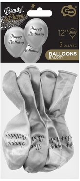 Balony Beauty&Charm, Happy Birthday, platynowe srebrne 12" op. 5 szt., GoDan