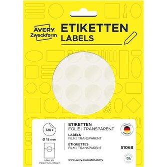 Kulaté uzavírací etikety Avery, 18 mm, čiré, 720ks