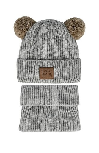 Komplet AJS 48-344 Czapka+golf chłopięcy szary 44-48 cm