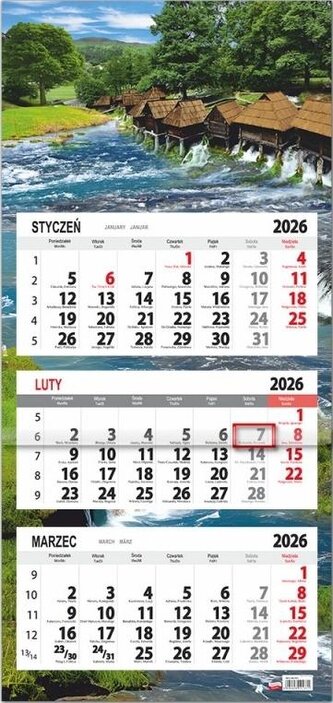 Kalendarz 2026 trójdzielny płaska główka Młyny