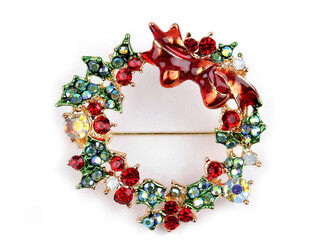 Brož s broušenými kamínky věneček - 1 ks - 3 červená zlatá