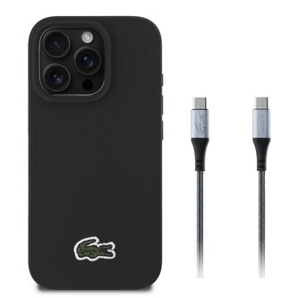 Lacoste Iconic Petit Pique Woven Logo MagSafe Zadní Kryt pro iPhone 16 Pro Black + USB-C/USB-C Datový Kabel