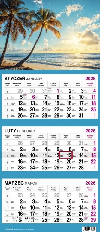Kalendarz 2026 Trójdzielny Palmy