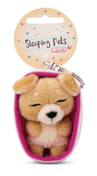 NICI 49993 Brelok Sleeping Pets pies brązowy jasny 8cm, koszyk różowy