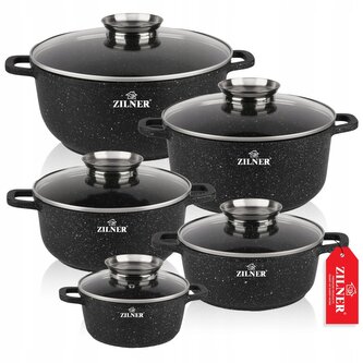 Sada hrnců s mramorovým povrchem – 10 ks, na indukci i plyn, černá