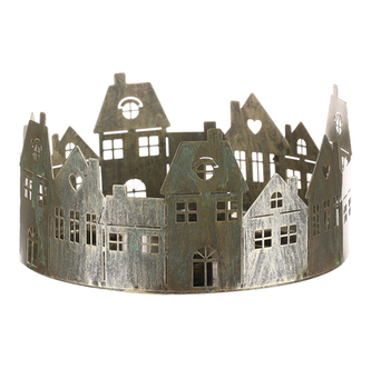 Svícen kovový pro 4 svíčky - okraj z domečků, měděná barva