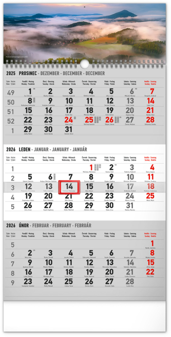 Kalendář 2026 nástěnný: 3měsíční Krajina šedý - s českými jmény, 29,5 x 43 cm