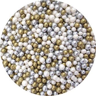 Cukrovo-rýžové perly mix stříbrno-bílo-zlaté 5mm  80g - I LOVE CAKES