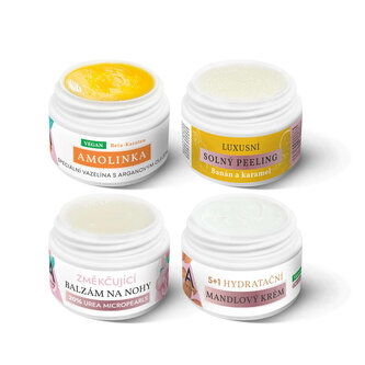 Testovací sada tělové kosmetiky - Mandlový krém, Amolinka Beta-karoten, Peeling, Balzám Urea, 4x5 ml