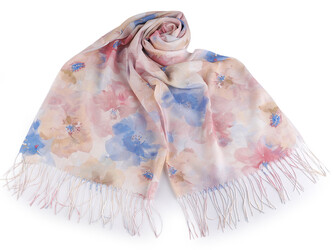 Letní šátek / šála s třásněmi květy 70x180 cm - 1 ks - 4 krémová pudrová