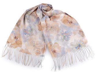Letní šátek / šála s třásněmi květy 70x180 cm - 1 ks - 2 béžová světlá modrá světlá
