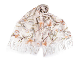 Letní šátek / šála s třásněmi květy 70x180 cm - 1 ks - 2 krémová světlá zelená