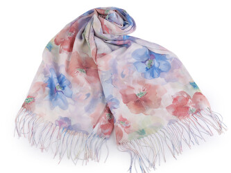 Letní šátek / šála s třásněmi květy 70x180 cm - 1 ks - 9 modrá světlá zelená