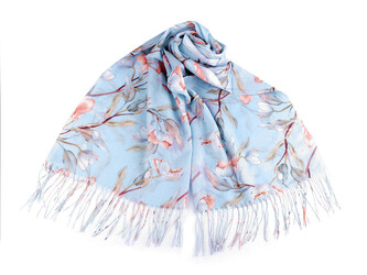 Letní šátek / šála s třásněmi květy 70x180 cm - 1 ks - 6 modrá světlá