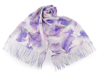 Letní šátek / šála s třásněmi velké květy 70x180 cm - 1 ks - 5 fialová sv.