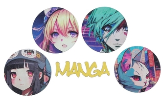 Dřevěné konfety Manga – barevné postavičky a nápis, 10 ks