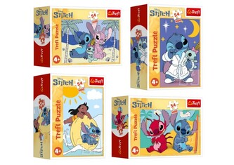 Minipuzzle Stitchova dobrodružství 54 dílků 4 druhy v krabičce 6x9x4cm 40ks v boxu
