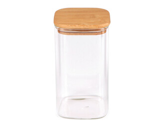 Skleněná dóza s bambusovým víkem, hranatá - 1 ks - transparent