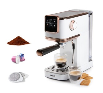 Espresso kávovar 3v1 - pákový, na pody i na kapsle - DOMO DO746K, 1 350 W, 20 Bar, nádržka na vodu 1,1 litru Espresso kávovar 3v1 - pákový, na pody i na kapsle - DOMO DO746K, 1 350 W, 20 Bar, nádržka na vodu 1,1 litru