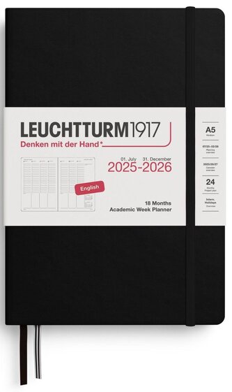 Academic Week Planner 2026 Medium (A5) 18 Months Black