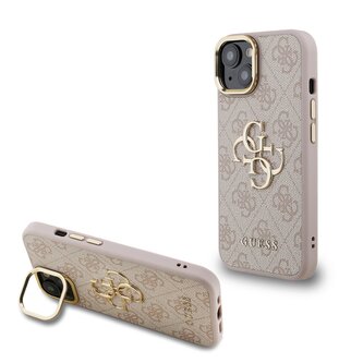 Guess PU 4G Metal Logo Stand Camera Frame Zadní Kryt pro iPhone 14 Pink