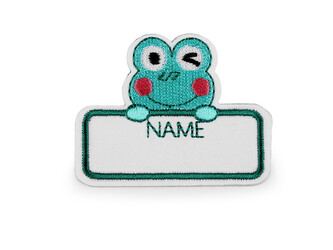 Jmenovka / štítek nalepovací textilní - 10 ks - 2 tyrkys sv. žába