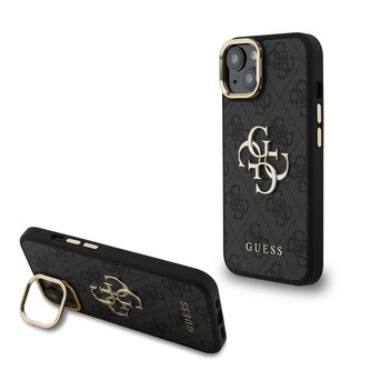 Guess PU 4G Metal Logo Stand Camera Frame Zadní Kryt pro iPhone 15 Black